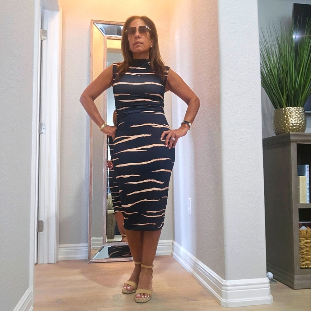 H&M Bodycin blue/ cream strip Animal midi dress